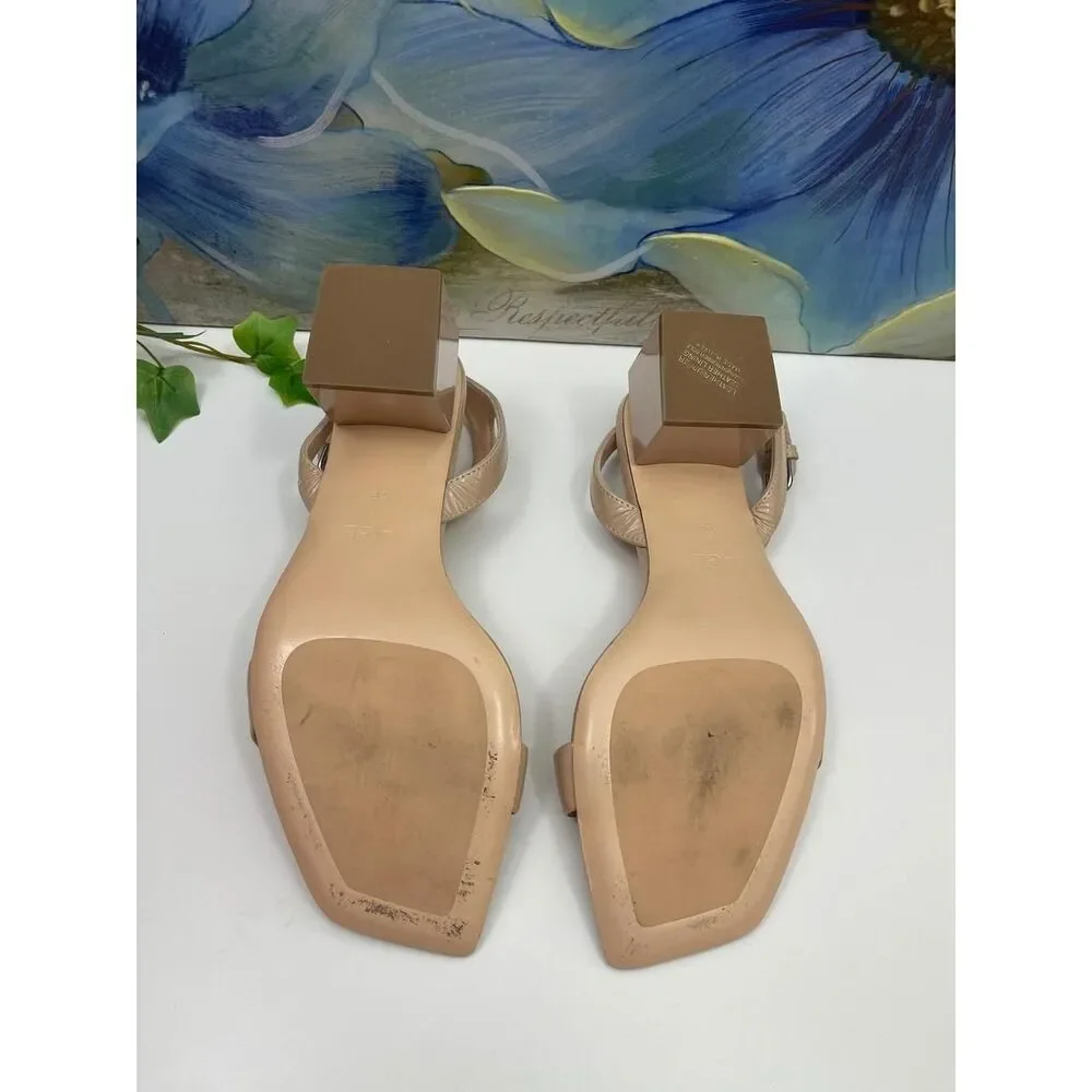 AGL Nude Patent Leather Square Toe Block Heel Sandals Size 39 / US 9